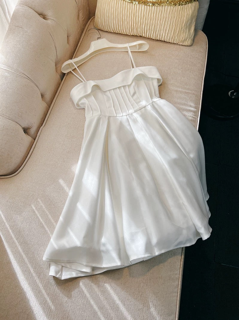 Modest A Line Spaghetti Straps White Short Satin Homecoming Dresses Party Dress C2197