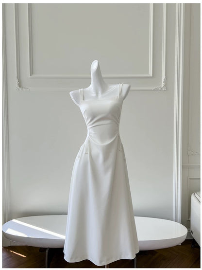 Robe de soirée simple en satin blanc à bretelles trapèze et longueur cheville C2199