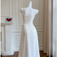 Simple A Line Straps White Satin Ankle Length Prom Dress Evening Dresses C2199