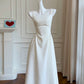 Robe de soirée simple en satin blanc à bretelles trapèze et longueur cheville C2199