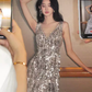 Modest Mermaid V Neckline Silver Sequin Slit Long Prom Dresses C219