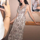 Modest Mermaid V Neckline Silver Sequin Slit Long Prom Dresses C219