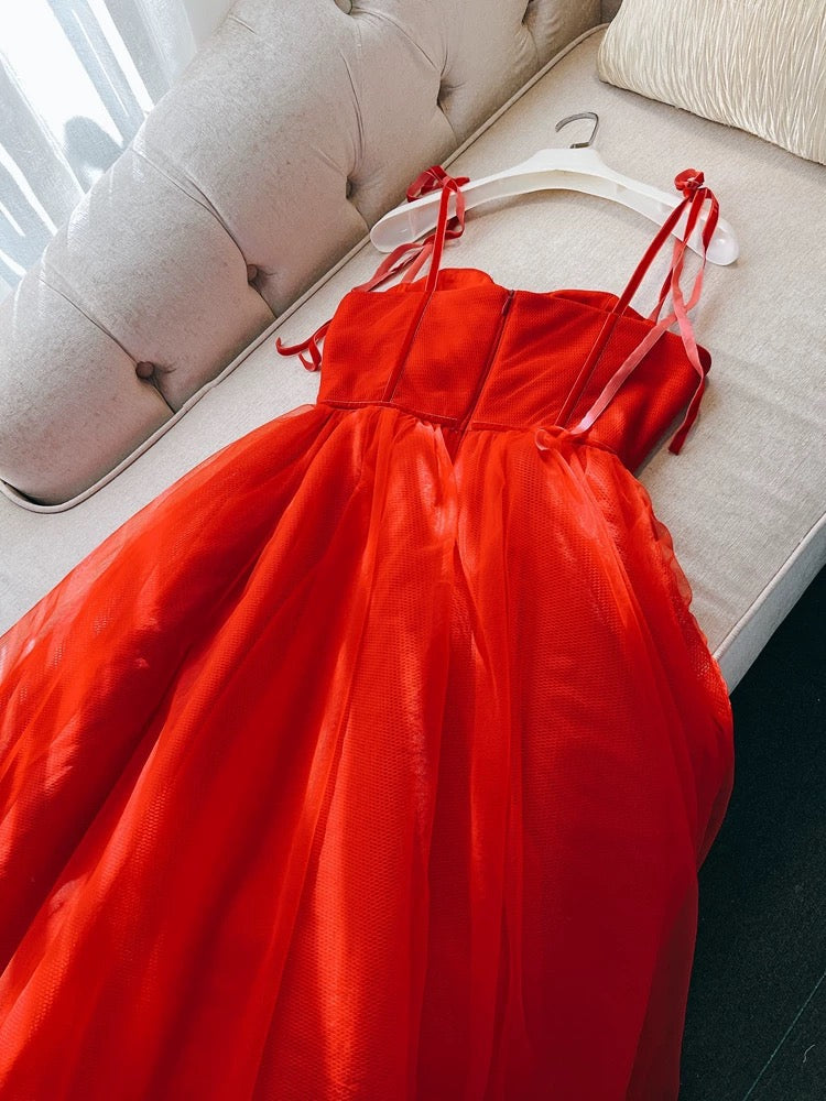 Modest A Line Spaghetti Straps Tulle Red Homecoming Dresses Birthday Outfits C2203