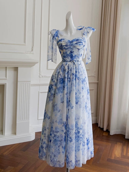 Robe de soirée longue à bretelles spaghetti et ligne A, robe de bal à fleurs bleues, C2205