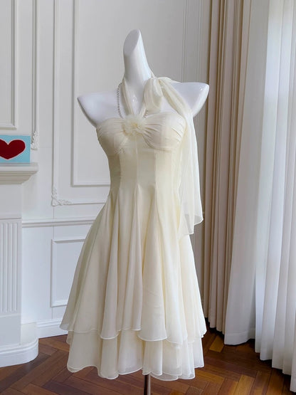 Modest A Line Halter Chiffon Ivory Short Homecoming Dresses Birthday Outfits C2208