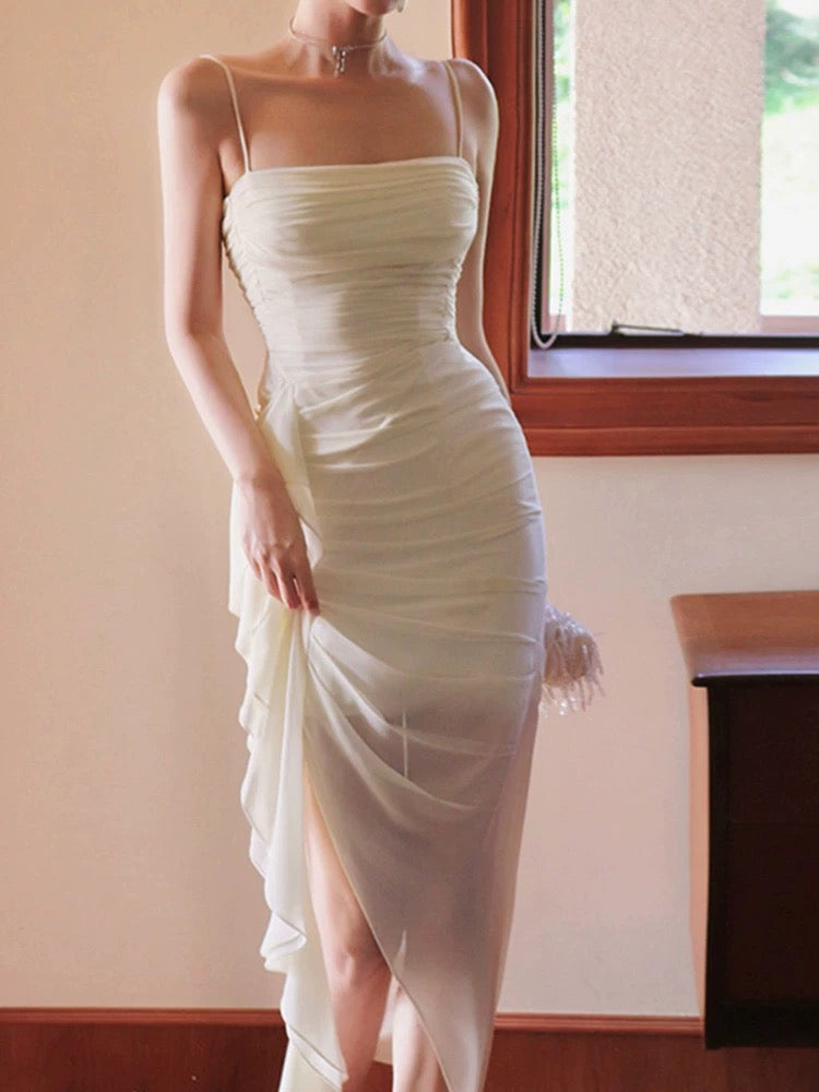 Pretty Sheath Spaghetti Straps Long Chiffon Ivory Prom Dress Evening Dresses C2209