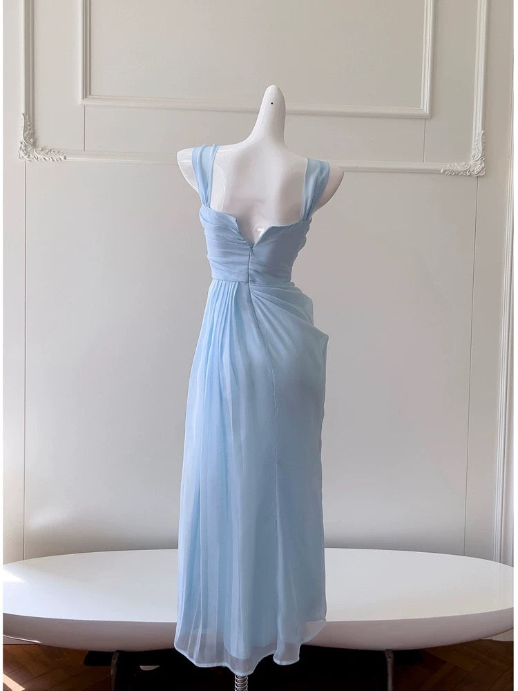 Pretty Sheath Straps Chiffon Light Sky Blue Prom Dress Evening Dresses C2211