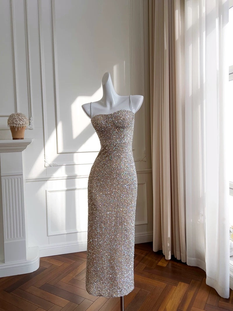 Jolie robe de bal fourreau à bretelles spaghetti en paillettes champagne, robe de soirée formelle C2217