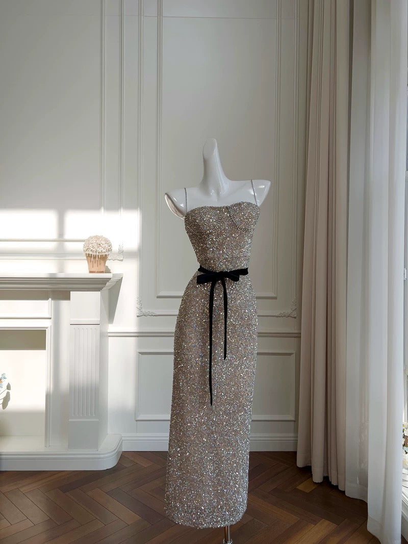 Jolie robe de bal fourreau à bretelles spaghetti en paillettes champagne, robe de soirée formelle C2217