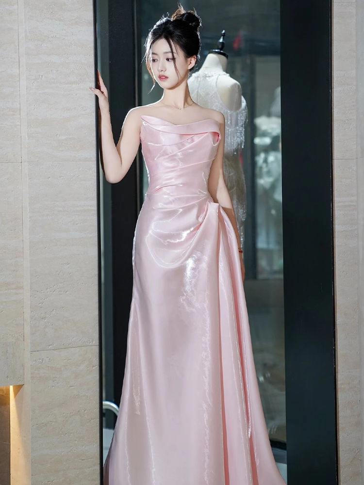 Modest Mermaid Strapless Shiny Satin Pink Long Prom Dresses C221