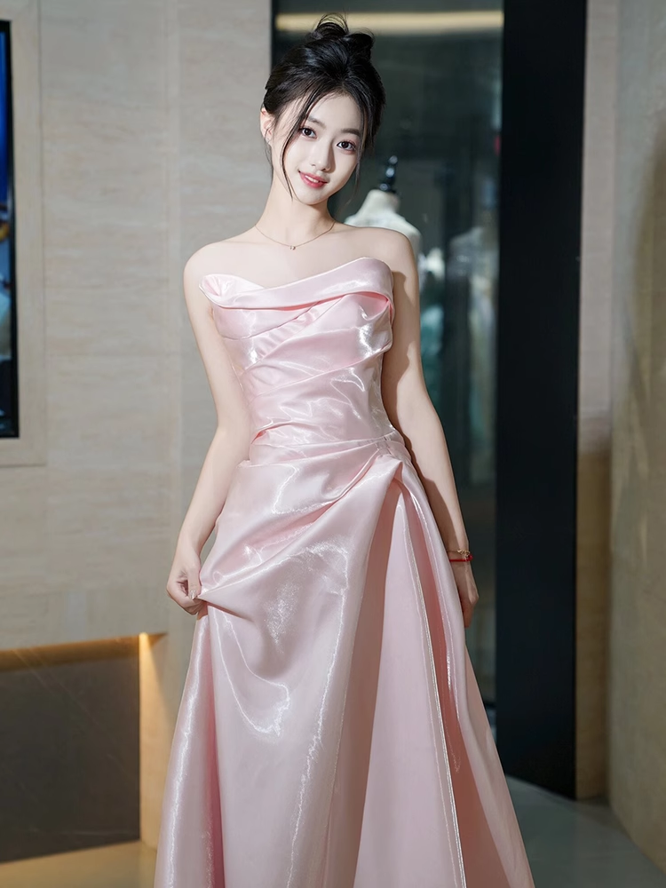 Modest Mermaid Strapless Shiny Satin Pink Long Prom Dresses C221