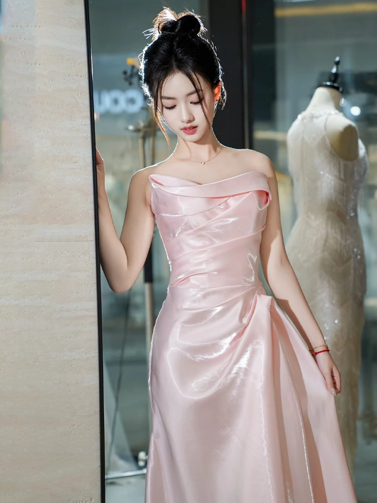 Modest Mermaid Strapless Shiny Satin Pink Long Prom Dresses C221