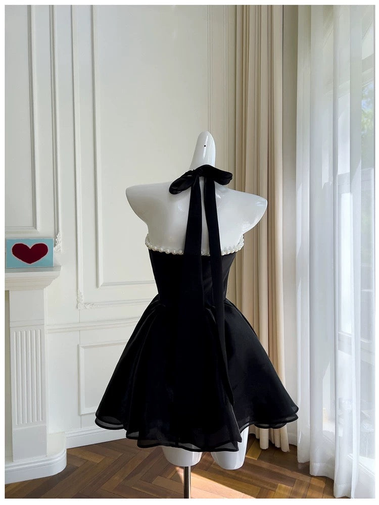 Modest A line Halter Black Short Homecoming Dresses Tulle Birthday Outfits C2220