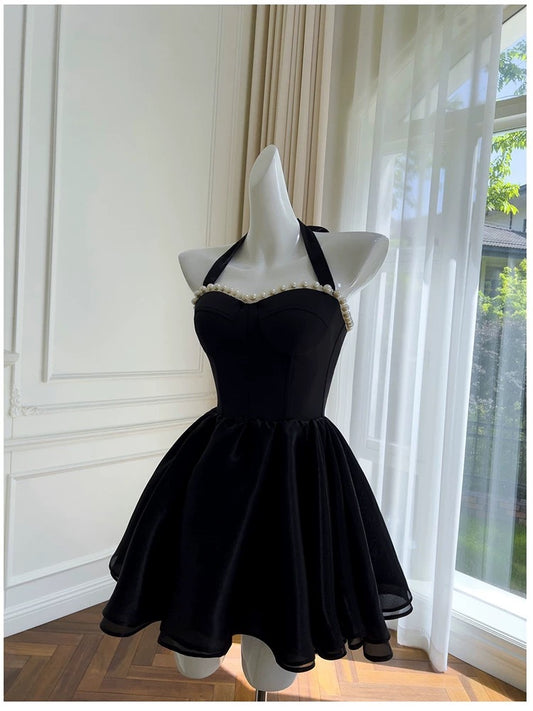 Modest A line Halter Black Short Homecoming Dresses Tulle Birthday Outfits C2220