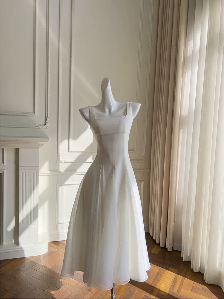 Robe de bal simple en mousseline de soie blanche à bretelles trapèze, longueur cheville, robes formelles C2221