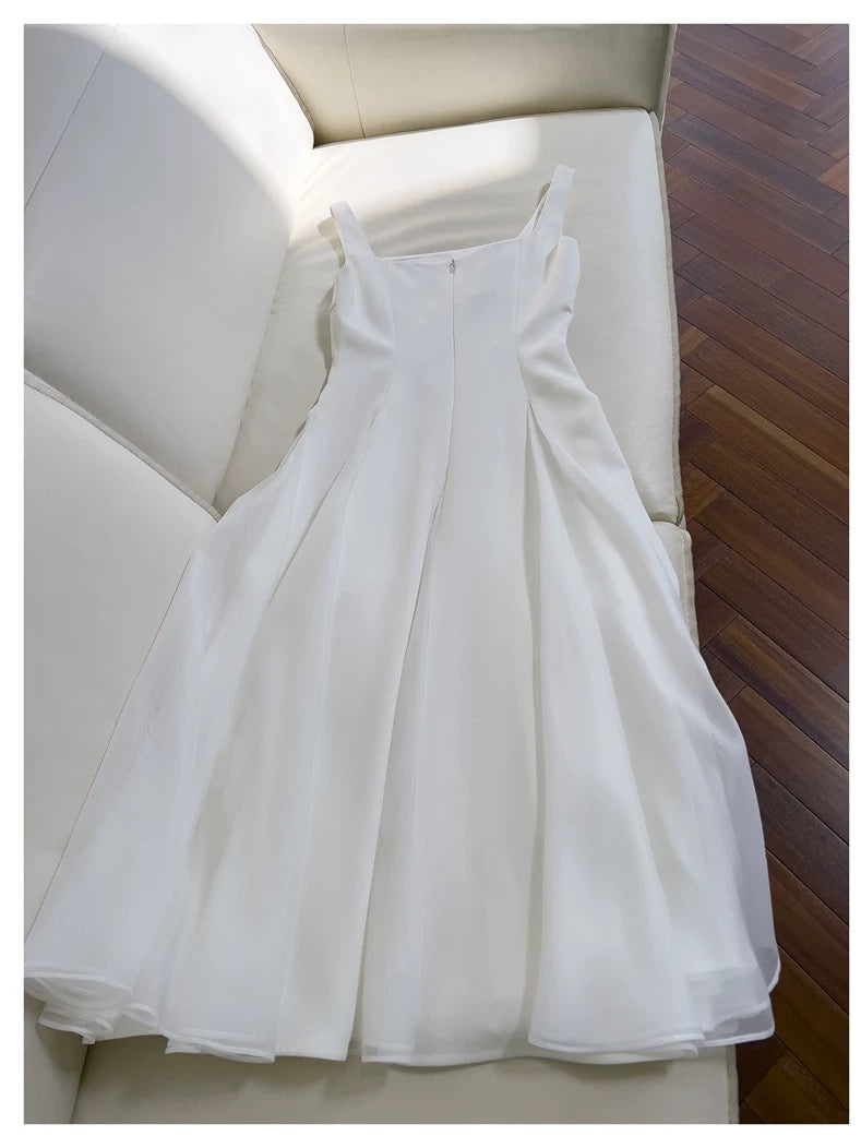 Simple A line Straps White Chiffon Ankle Length Prom Dress Formal Dresses C2221