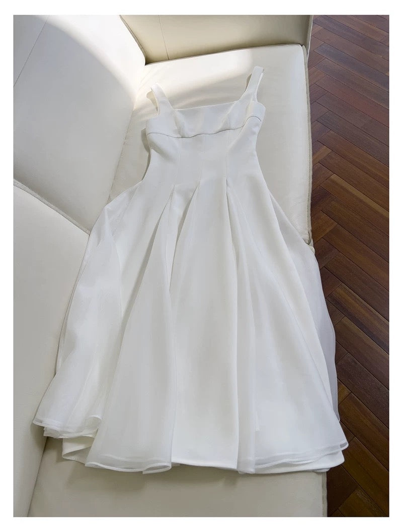 Simple A line Straps White Chiffon Ankle Length Prom Dress Formal Dresses C2221