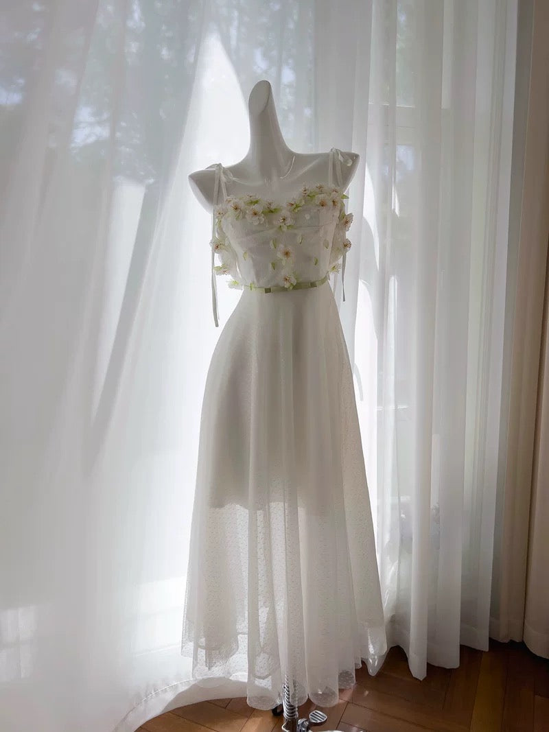 Robe de bal modeste en tulle blanc à bretelles spaghetti et longueur cheville, robe de soirée formelle C2222