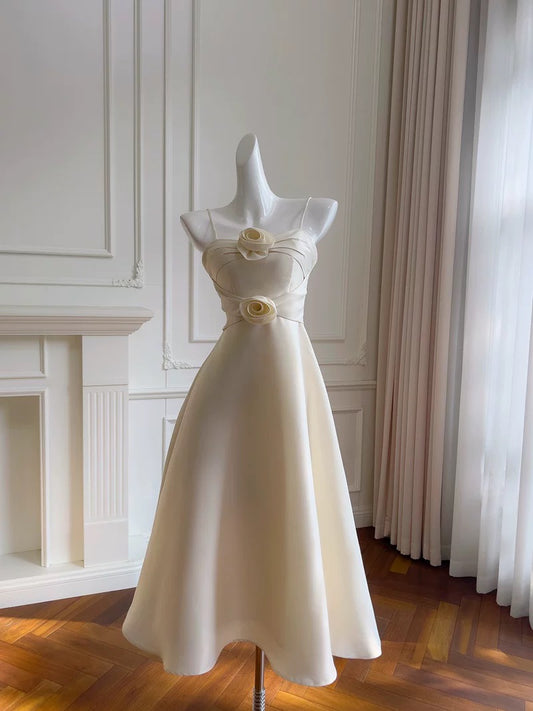 Robe de bal modeste en satin blanc à bretelles spaghetti et longueur cheville, robe de soirée formelle C2224