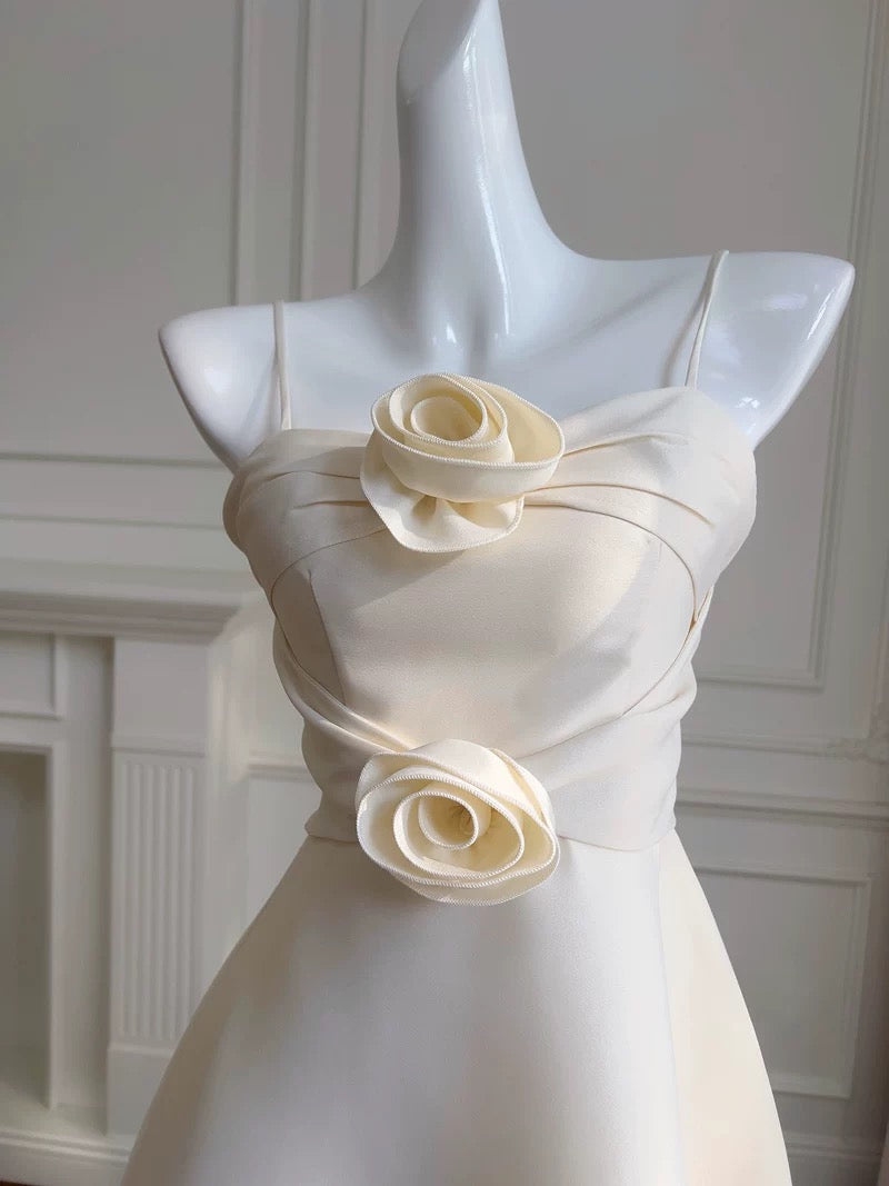 Robe de bal modeste en satin blanc à bretelles spaghetti et longueur cheville, robe de soirée formelle C2224