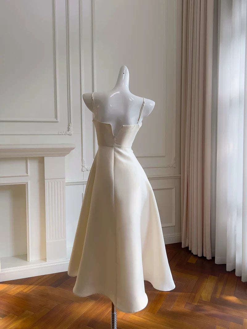 Robe de bal modeste en satin blanc à bretelles spaghetti et longueur cheville, robe de soirée formelle C2224