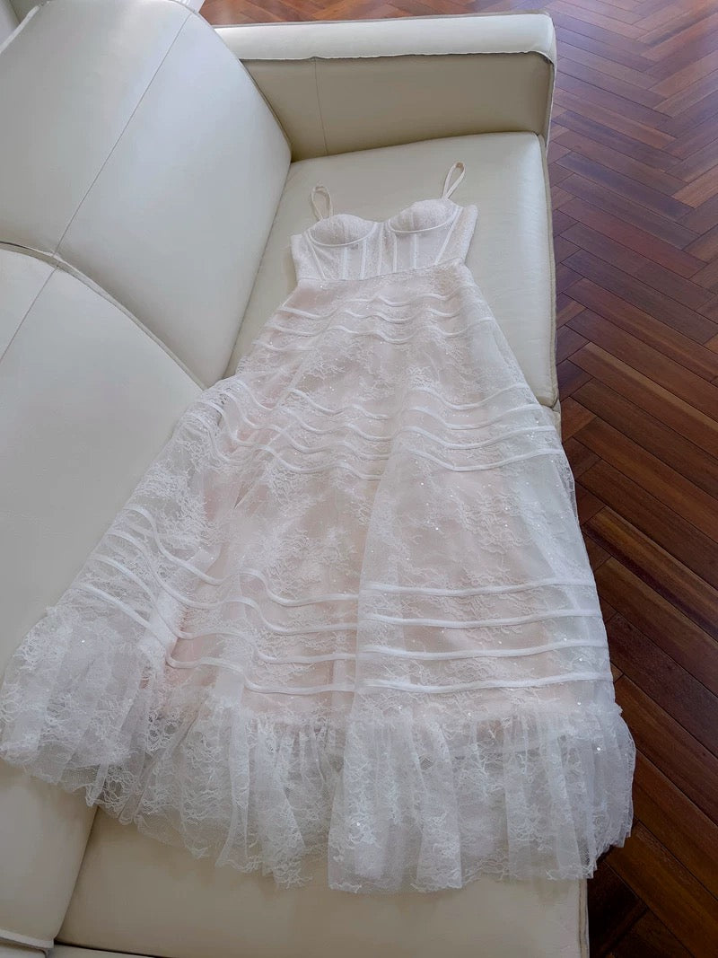 Robe de bal modeste en tulle blanc à bretelles spaghetti et longueur cheville, robe de soirée formelle C2226