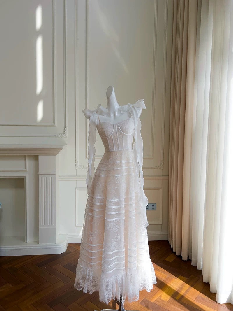 Robe de bal modeste en tulle blanc à bretelles spaghetti et longueur cheville, robe de soirée formelle C2226