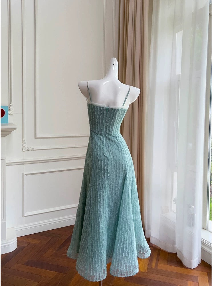 Robe de bal modeste à bretelles spaghetti en dentelle bleu ciel clair, longueur cheville, robe de soirée formelle C2229