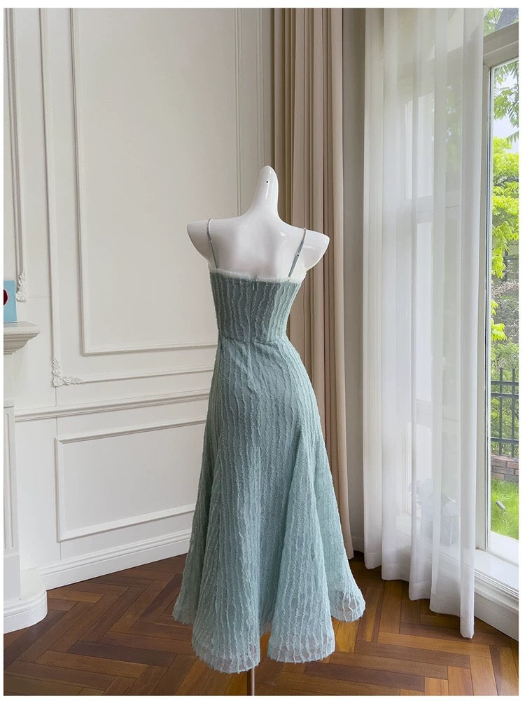 Robe de bal modeste à bretelles spaghetti en dentelle bleu ciel clair, longueur cheville, robe de soirée formelle C2229