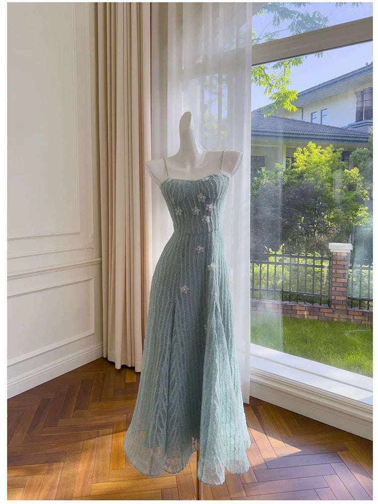 Robe de bal modeste à bretelles spaghetti en dentelle bleu ciel clair, longueur cheville, robe de soirée formelle C2229