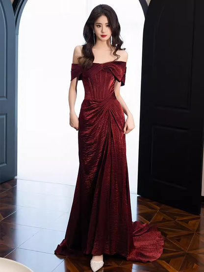 Sirène modeste hors de l'épaule brillant Satin bordeaux longues robes de bal C222