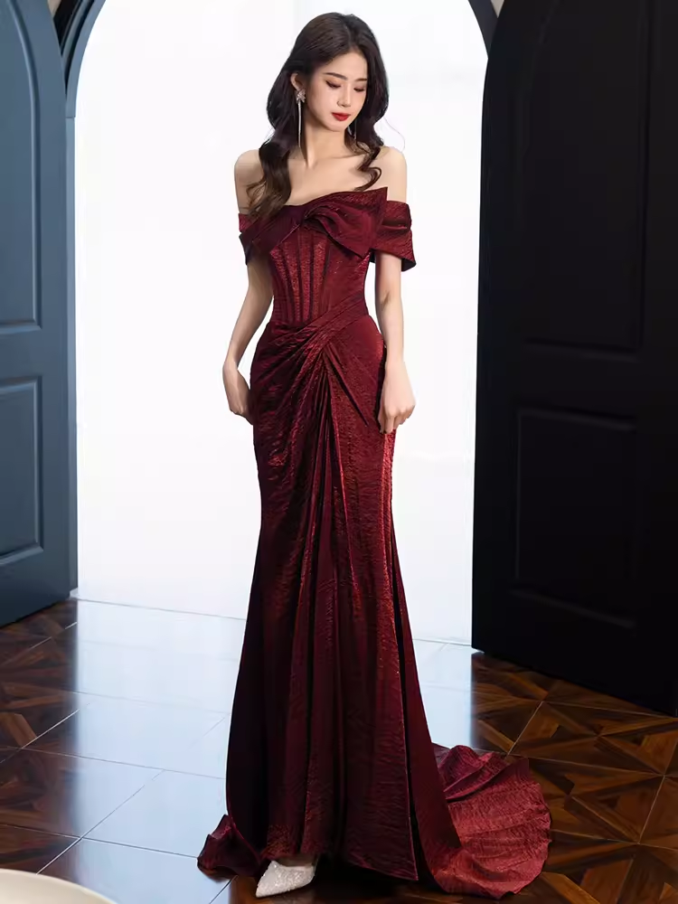 Modest Mermaid Off The Shoulder Shiny Satin Burgundy Long Prom Dresses C222