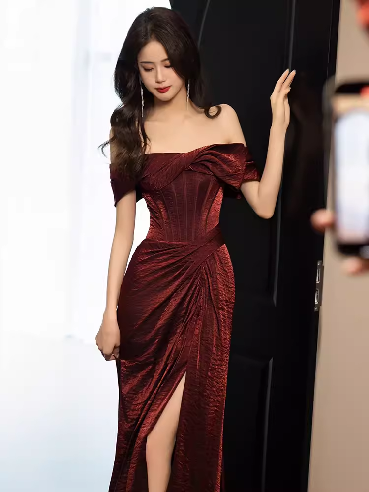 Modest Mermaid Off The Shoulder Shiny Satin Burgundy Long Prom Dresses C222