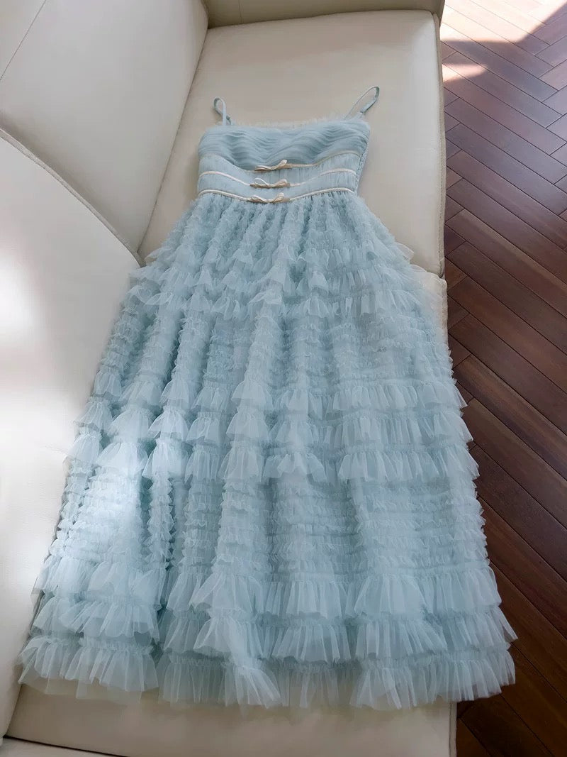 Modest A line Spaghetti Straps Light Sky Blue Tulle Ankle Length Prom Dress Formal Dresses C2230