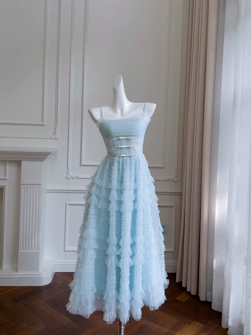 Robe de bal modeste à bretelles spaghetti en tulle bleu ciel clair, longueur cheville, robe de soirée formelle C2230