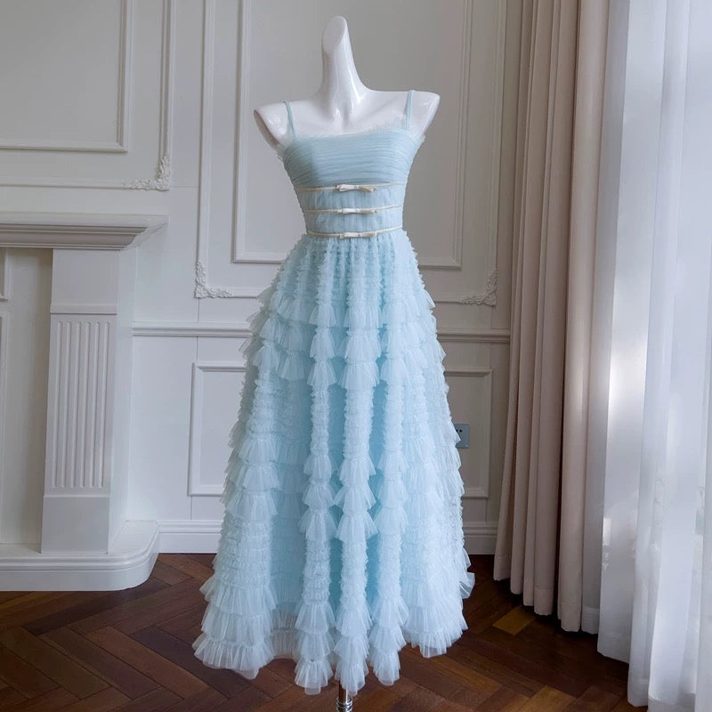 Modest A line Spaghetti Straps Light Sky Blue Tulle Ankle Length Prom Dress Formal Dresses C2230