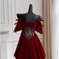 Cute A Line Spaghetti Straps Velvet Red Homecoming Dresses Birthday Outfits With Beads C2233