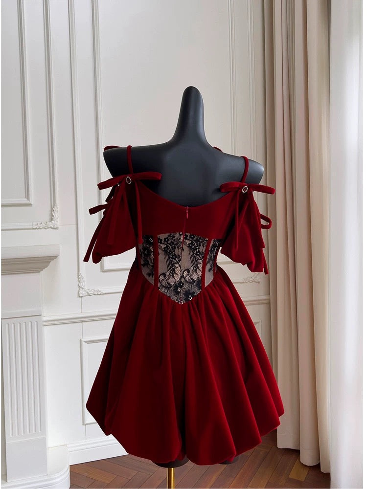 Cute A Line Spaghetti Straps Velvet Red Homecoming Dresses Birthday Outfits With Beads C2233