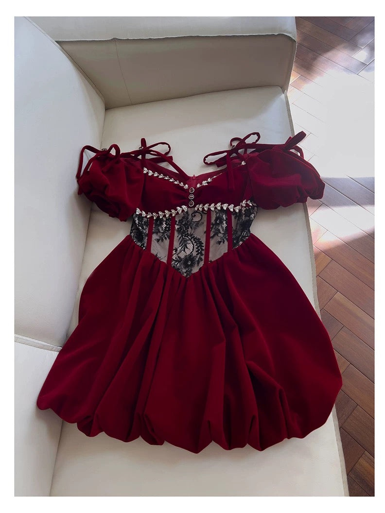 Cute A Line Spaghetti Straps Velvet Red Homecoming Dresses Birthday Outfits With Beads C2233