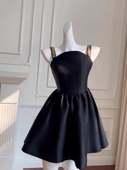 Cute A line Spaghetti Straps Black Satin Homecoming Dresses Birthday Outfits C2235