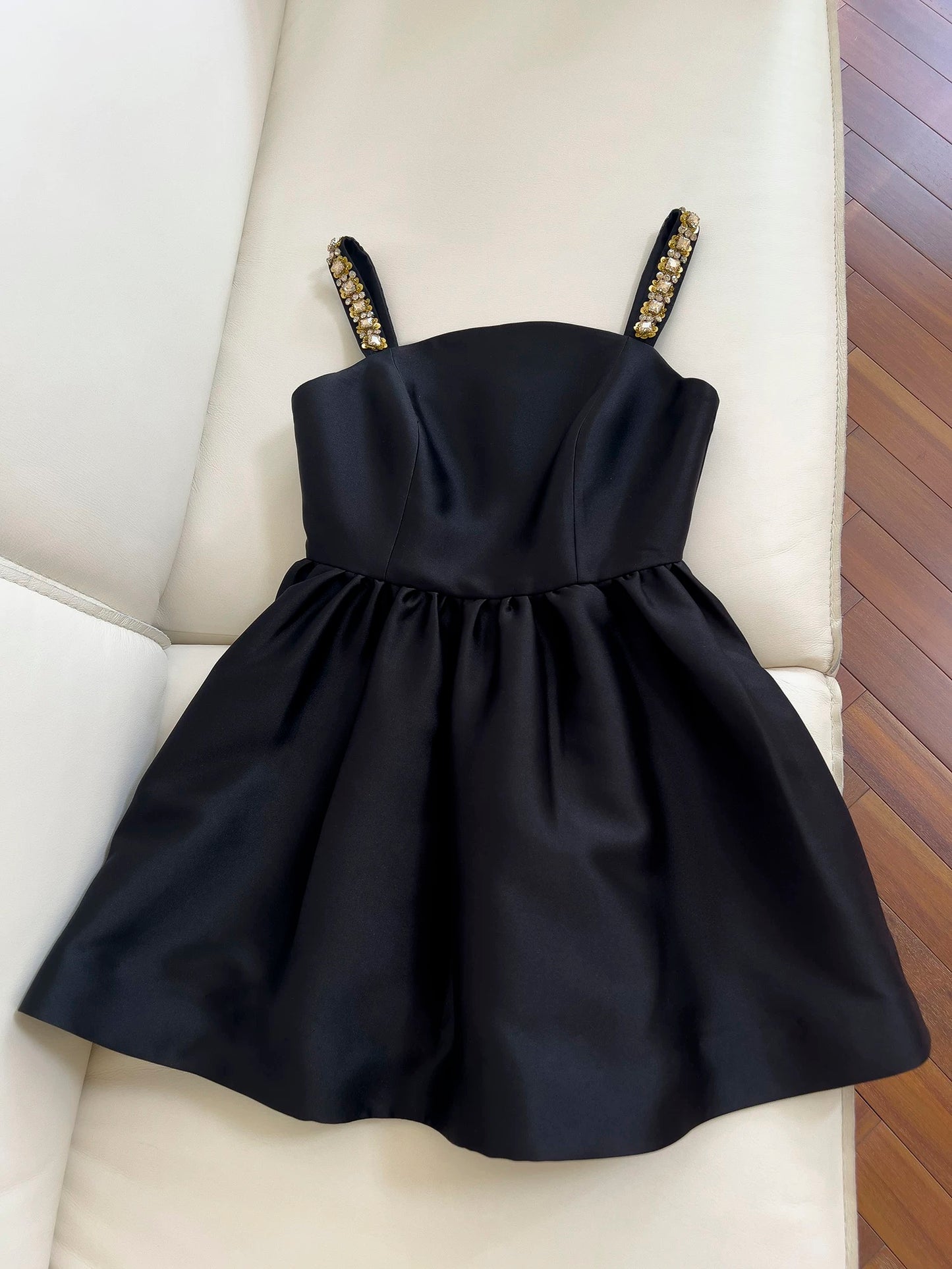 Robe de soirée en satin noir à bretelles spaghetti et ligne A mignonne, tenue d'anniversaire C2235