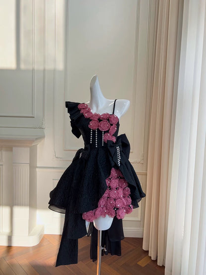 Pretty Ball Gown Straps Black Satin Flowers Homecoming Dresses Birthday Outfits With Bow C2236