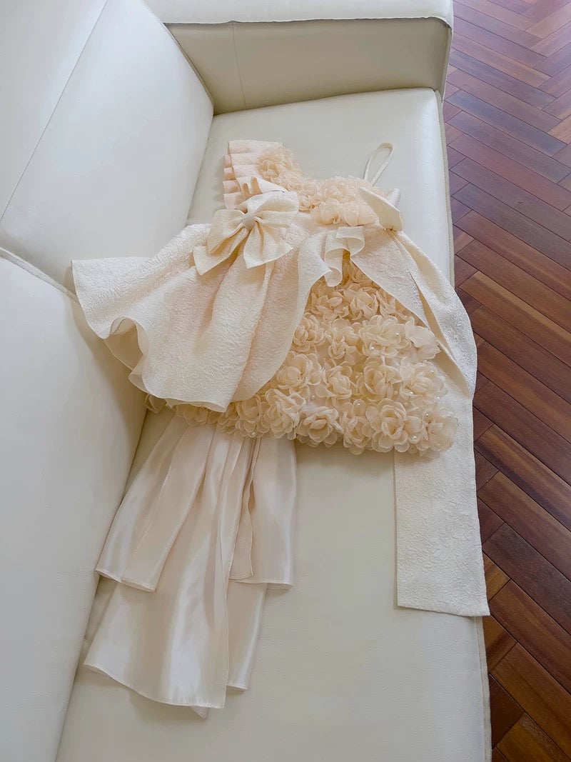 Jolie robe de bal à bretelles en satin champagne avec fleurs, tenues d'anniversaire avec nœud C2239