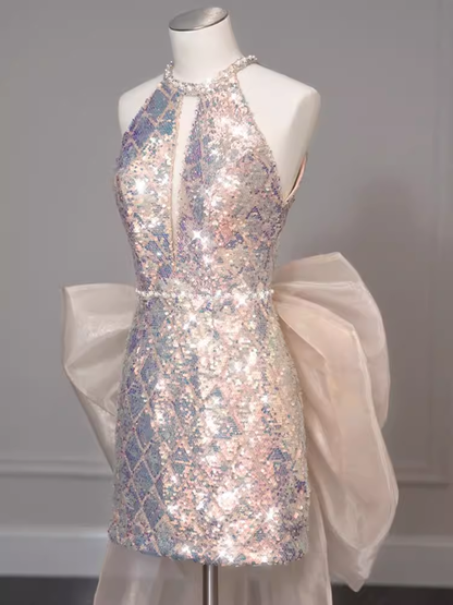 Robes de bal courtes à paillettes gaine modeste C223