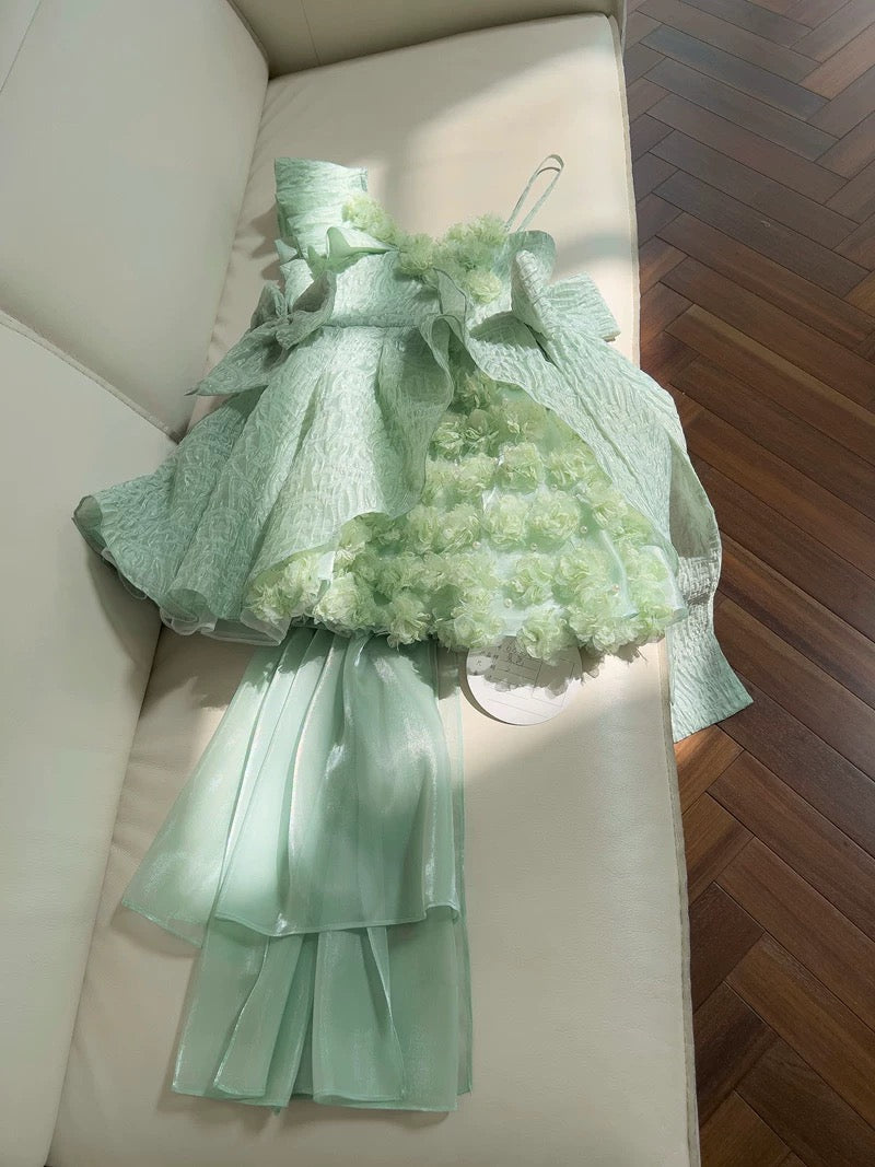 Pretty Ball Gown Straps Mint Green Lace Flowers Homecoming Dresses Birthday Outfits With Bow C2240