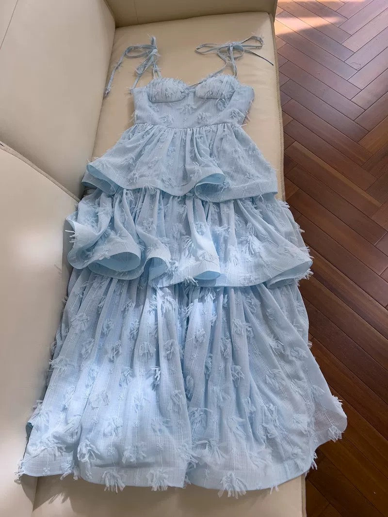 Robe de bal modeste à bretelles en dentelle à volants bleu ciel clair, robe de bal de longueur formelle CC2249