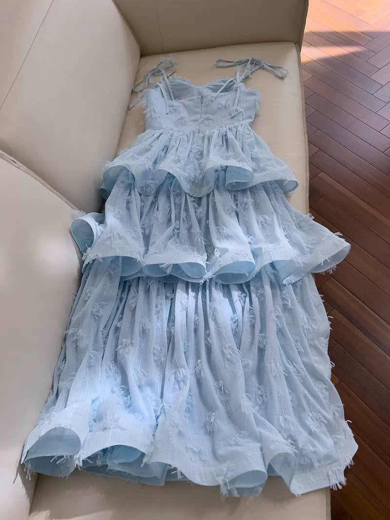 Robe de bal modeste à bretelles en dentelle à volants bleu ciel clair, robe de bal de longueur formelle CC2249