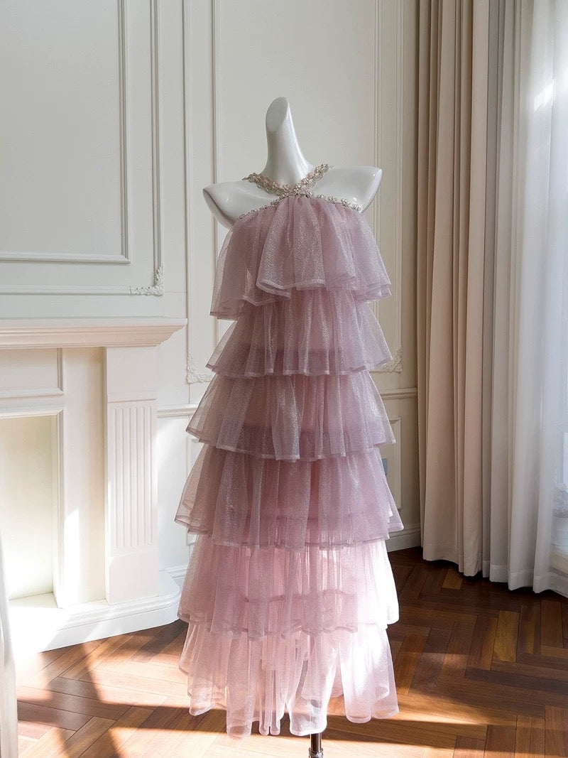 Modest Ball Gown Halter Ruffles Pink Long Length Prom Dress Formal Dresses C2250