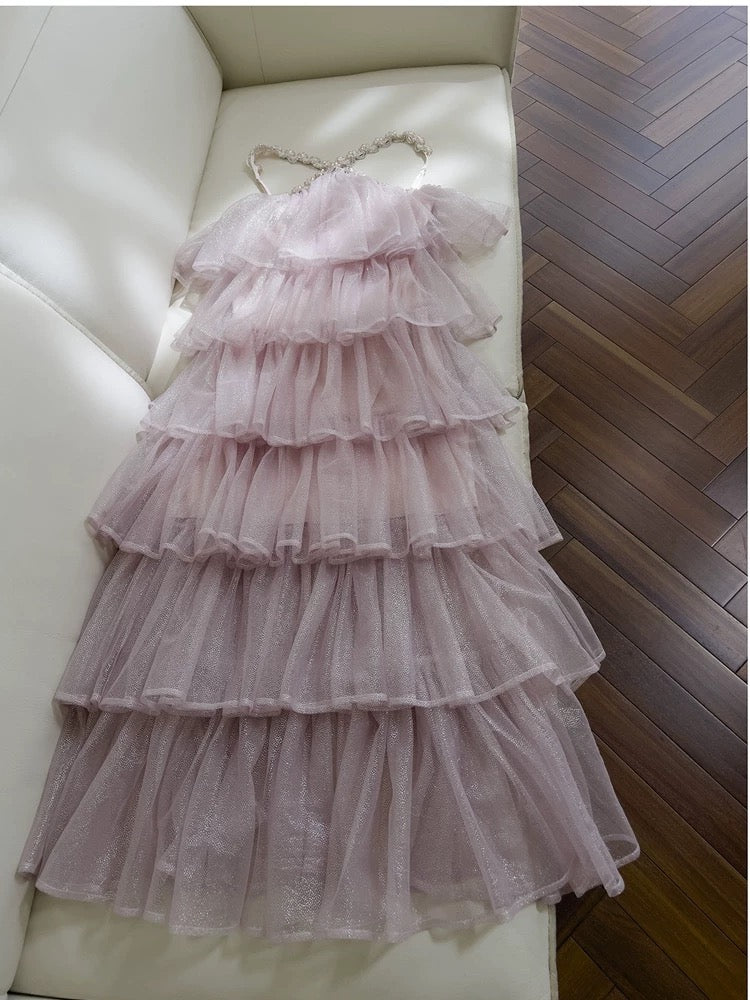 Modest Ball Gown Halter Ruffles Pink Long Length Prom Dress Formal Dresses C2250