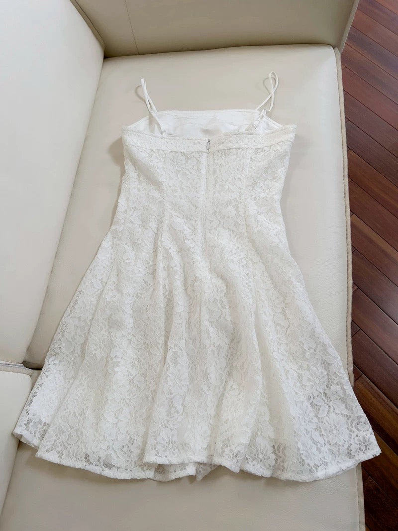 Modest A line Spaghetti Straps White Lace Short Homecoming Dresses Birthday Outfit C2255